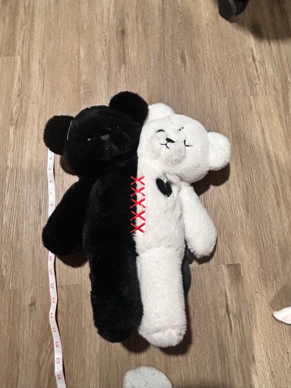 Two-Tone Black & White Plush Bear with Red Stitch Accent